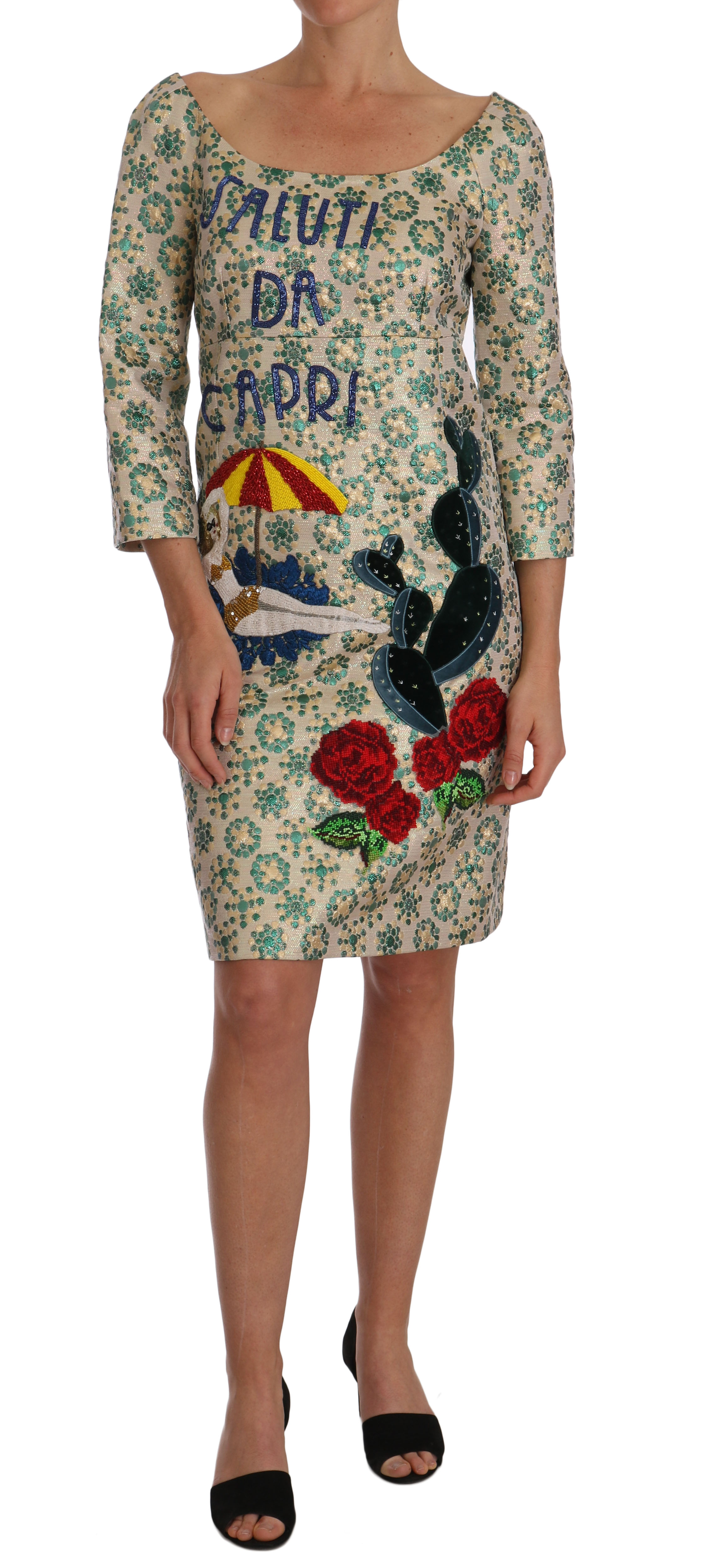 Dolce & Gabbana Women's Jacquard Saluti Da Capri Dress Beige DR1421 - IT46|XL