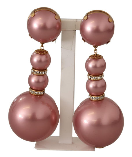 Pink Pearls Clear Crystal Gold Brass Earrings