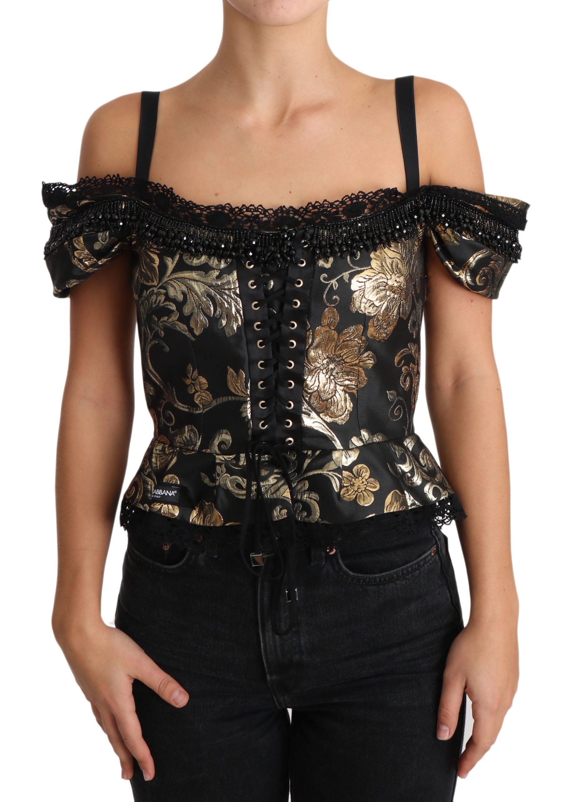 Dolce & Gabbana Women's Floral Jacquard Crystal Top Black TSH3381 - IT36 | XS