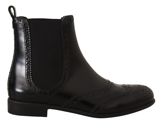 Black Leather Ankle High Flat Boots Shoes - EU35.5/US5.5