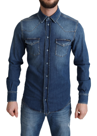 Blue Cotton Stretch Long Sleeves Denim Shirt - IT37 | XS