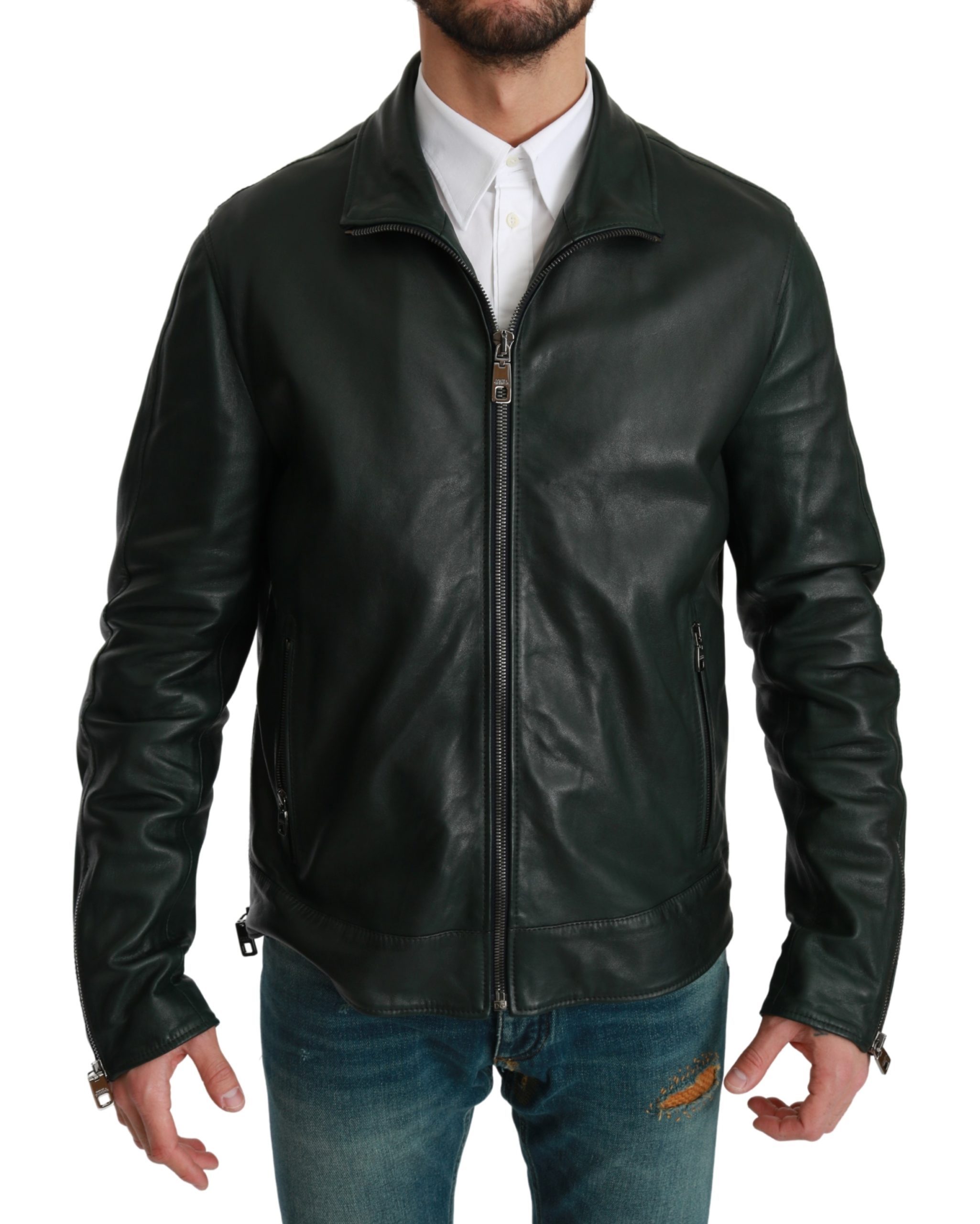Dolce & Gabbana Men's Full Zip Biker Leather Coat Green JKT2614 - IT52 | XL