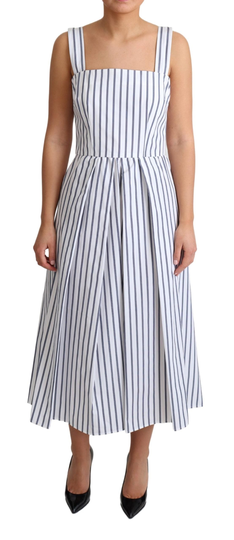 White Blue Striped Cotton A-Line Dress - IT44|L
