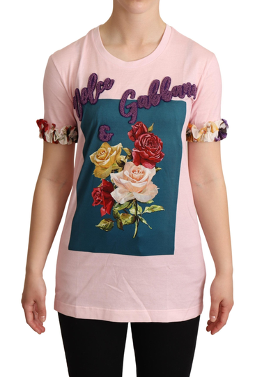 Pink Cotton Floral Roses Crewneck T-shirt - IT36 | XS