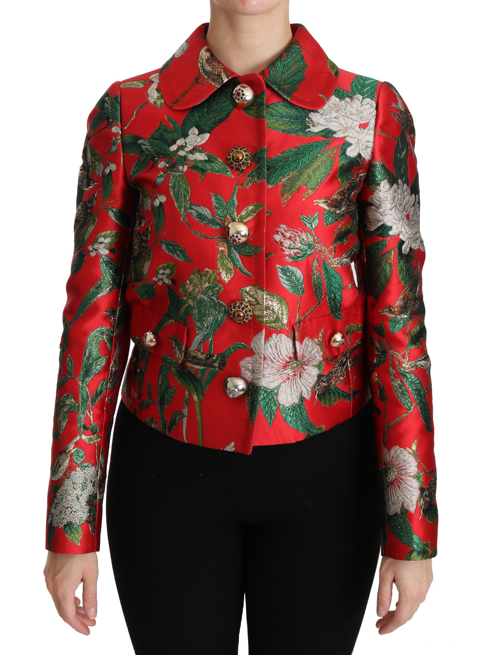 Dolce & Gabbana Women's Floral Brocade Crystal Coat Jacket Red JKT2493 - IT40|S