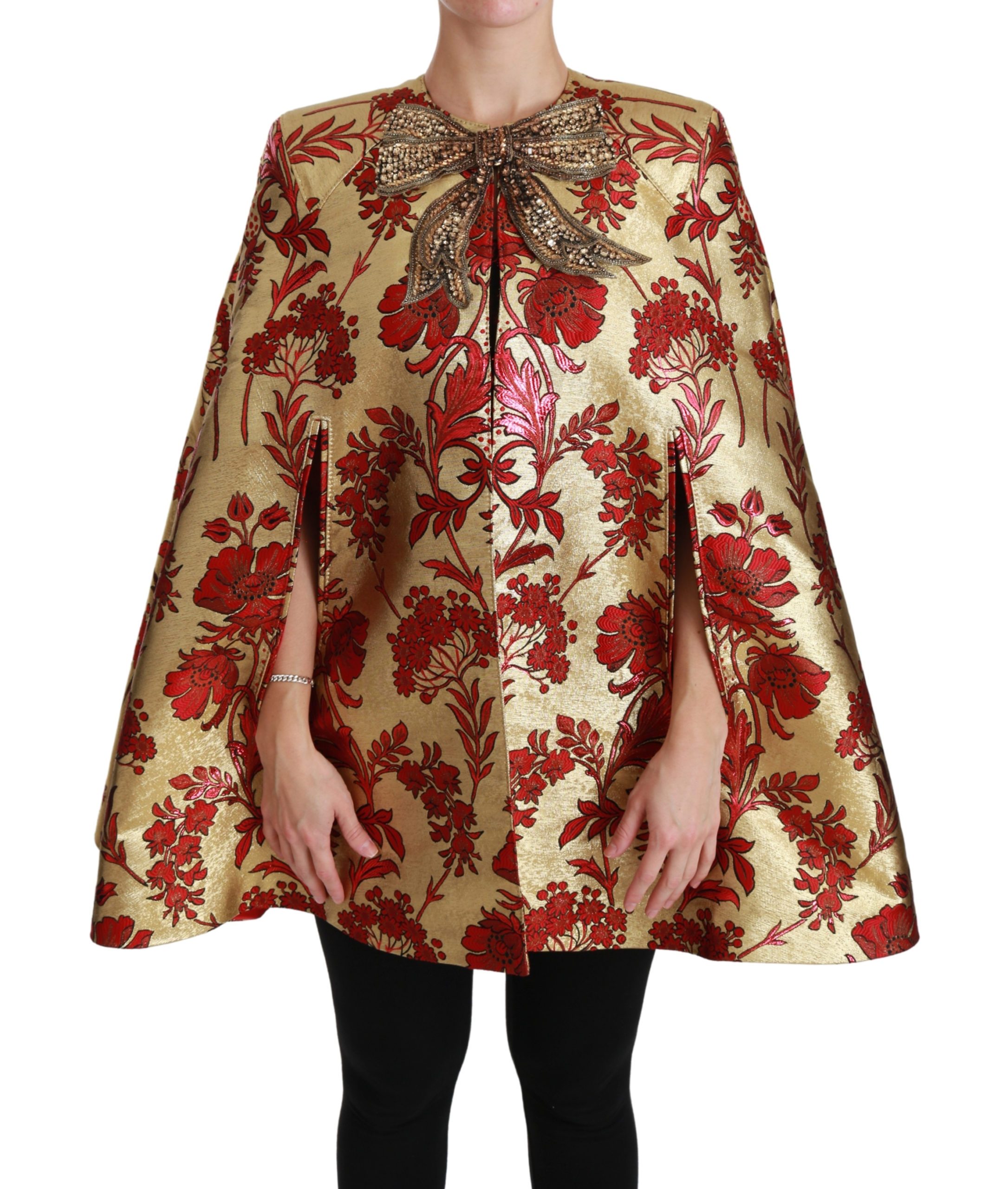 Dolce & Gabbana Women's Floral Crystal Bow Coat Cape Jacket Red JKT2574 - IT40|S
