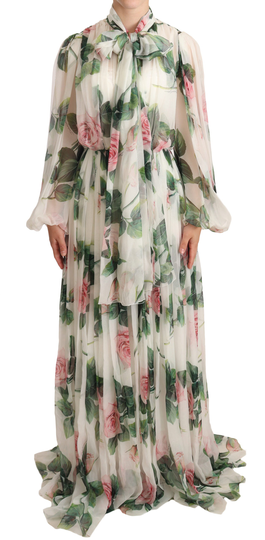 White Floral Roses Silk Maxi Gown Dress - IT36 | XS