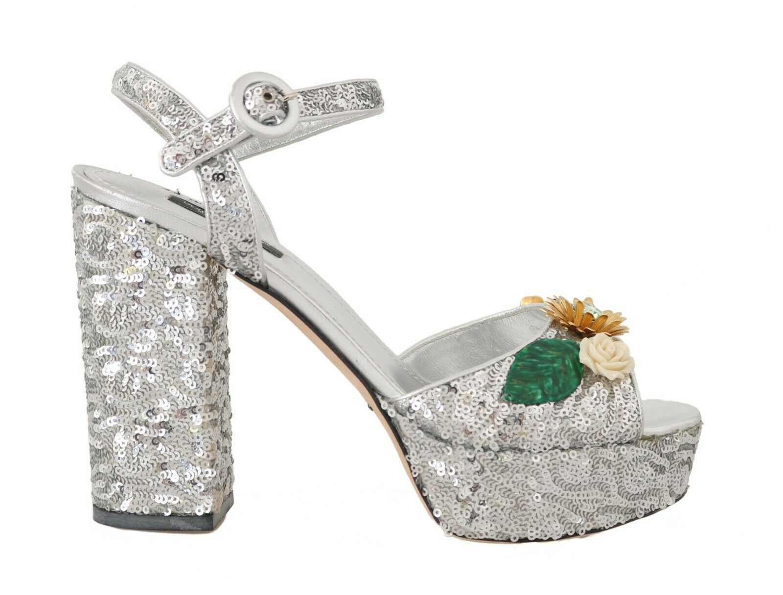 Dolce & Gabbana Women's Leather Sequin Crystal Sandals Silver LA5694 - EU36/US5.5