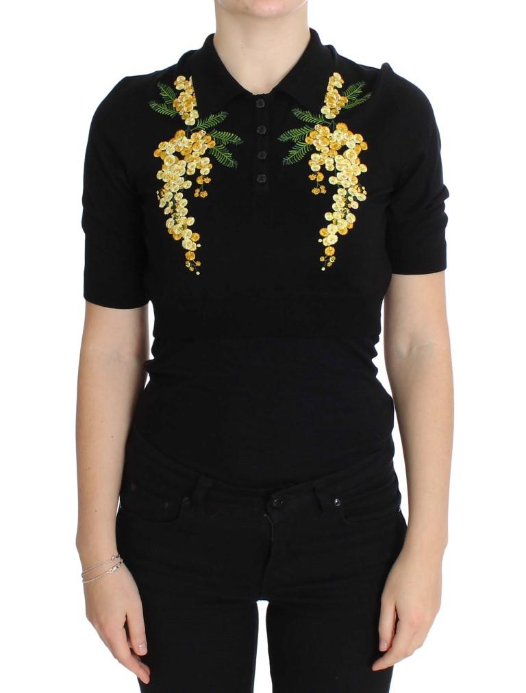 Dolce & Gabbana Women's Silk Floral Embroidered Polo Top Black SIG20571 - IT36|XXS