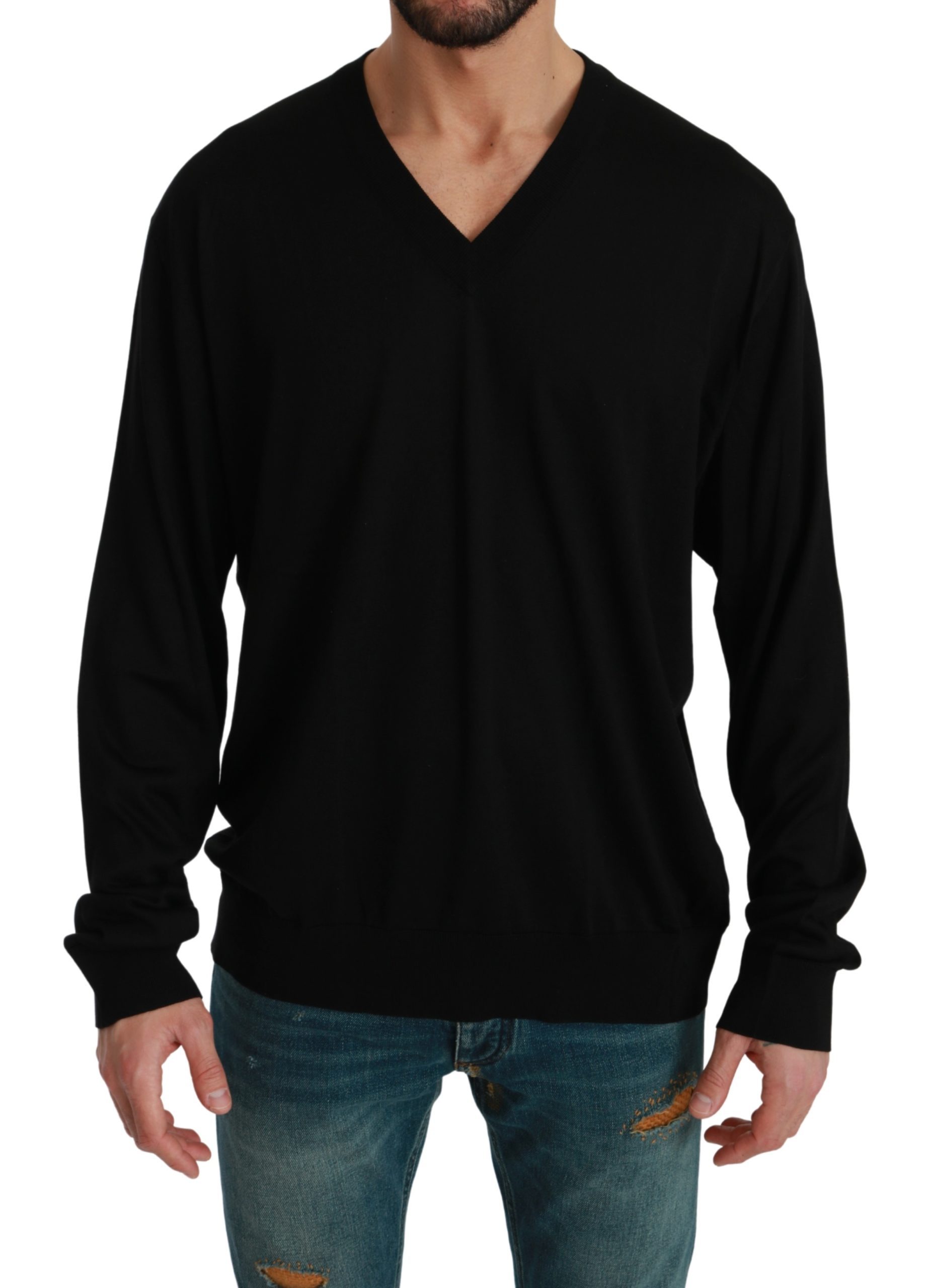Dolce & Gabbana Men's V-neck Pullover Silk Sweater Black TSH4570 - IT58 | XXL