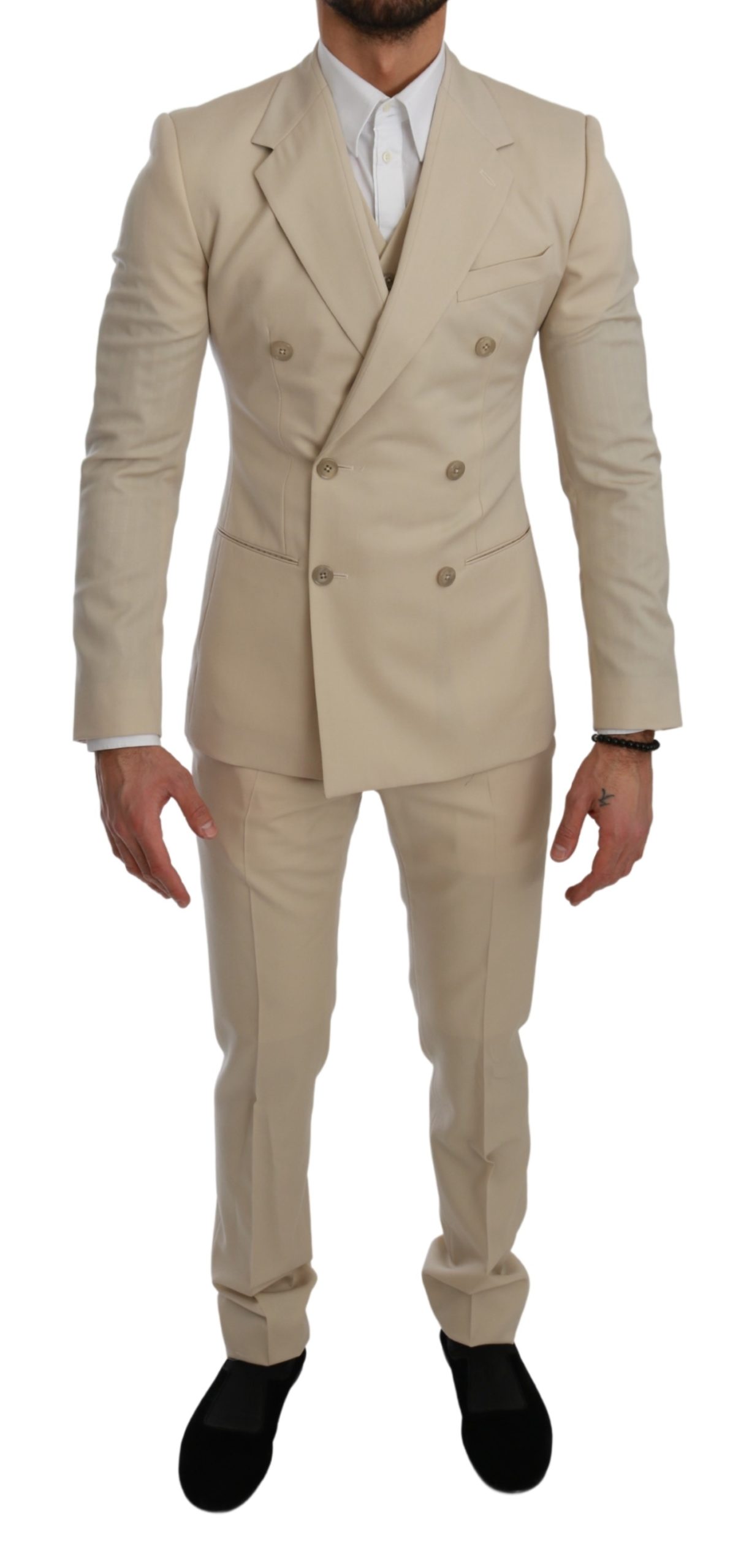 Dolce & Gabbana Men's Double Breasted 3 Piece Wool Suit Beige KOS1740 - IT44 | XS
