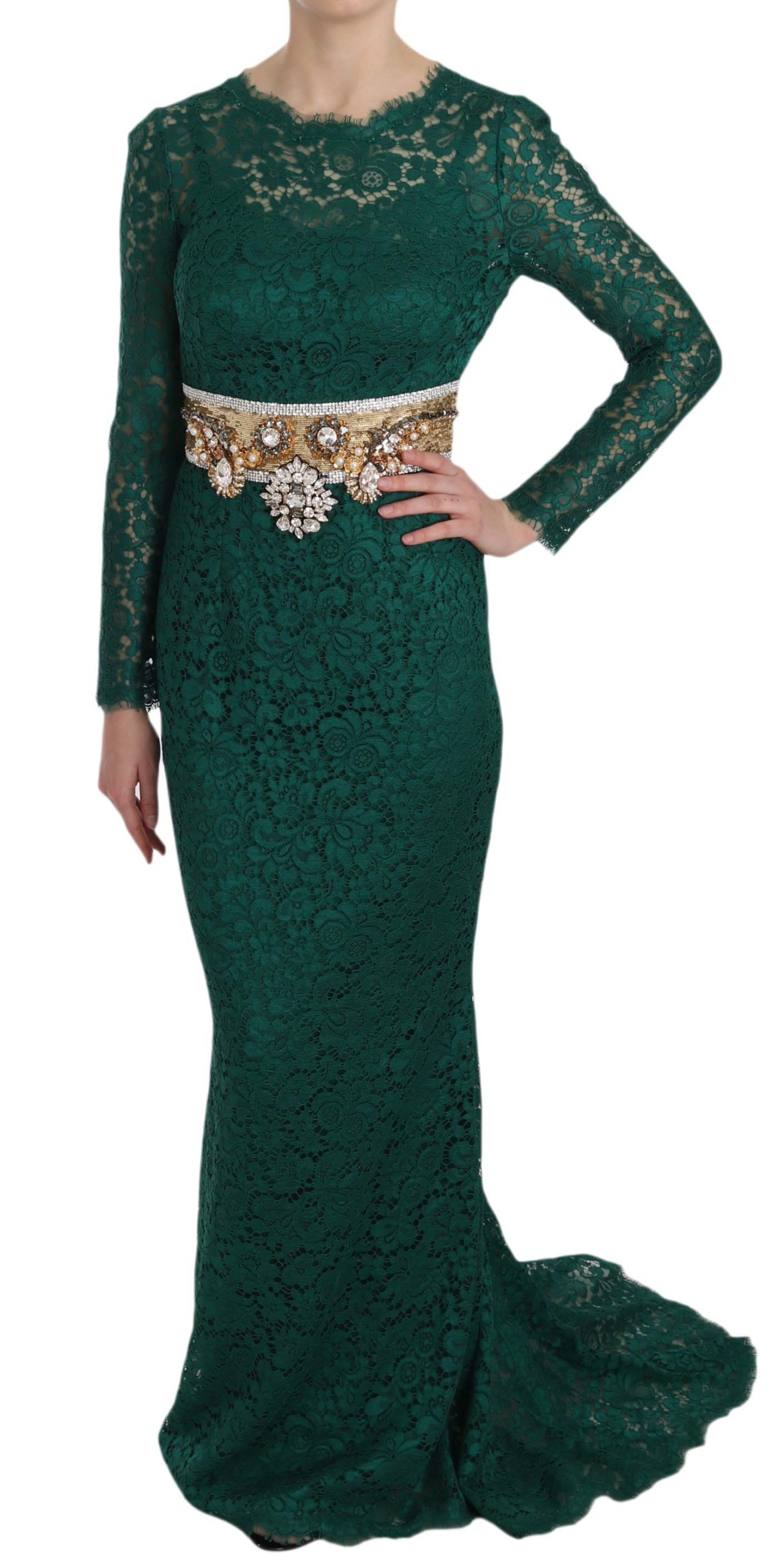 Dolce & Gabbana Women's Crystal Belt Lace Sheath Gown Dress Green DR1653 - IT42|M