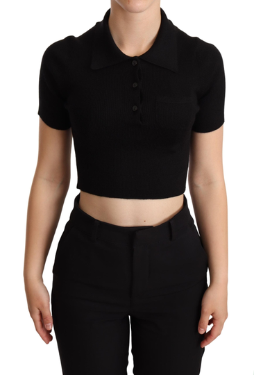 Black Cashmere Silk Collared Cropped Top - IT40|S