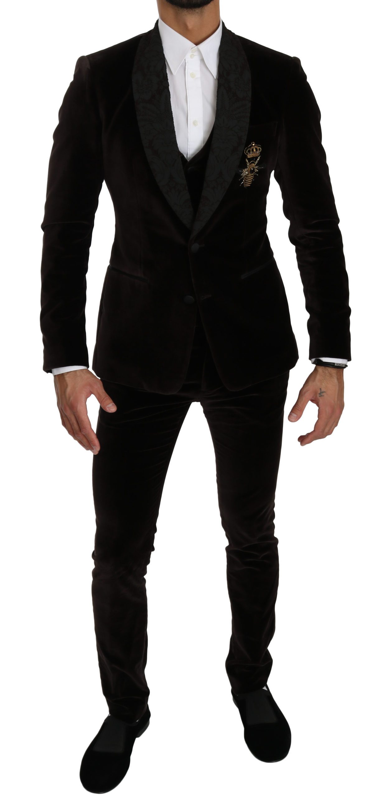 Dolce & Gabbana Men's Slim Fit Crown Bee 3 Piece Cotton Suit Brown KOS1544 - IT44 | XS