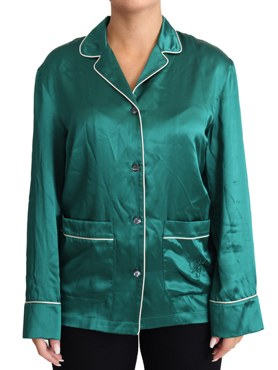 Green Pyjama Blouse Silk Lounge Sleepwear Top - IT36 | XS