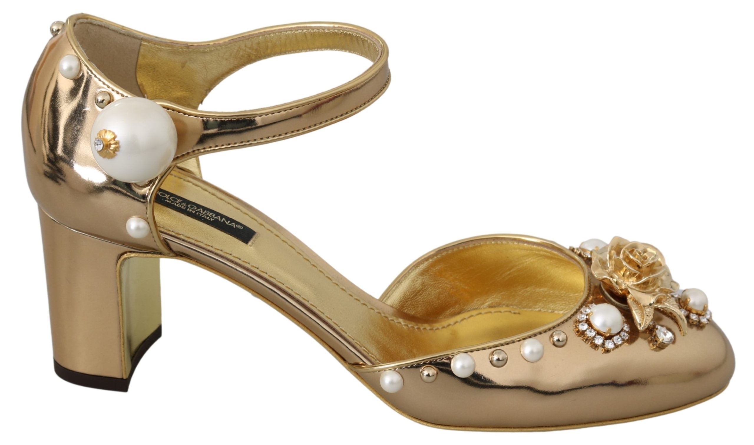 Dolce & Gabbana Women's Pearls Ankle Strap Leather Sandal Gold LA6850 - EU39/US8.5