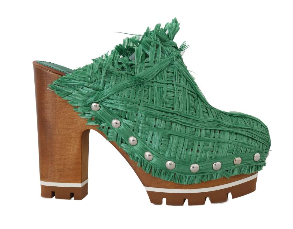 Dolce & Gabbana Women's Raffia Mules Wood Wedges Green LA4827 - EU39/US8.5