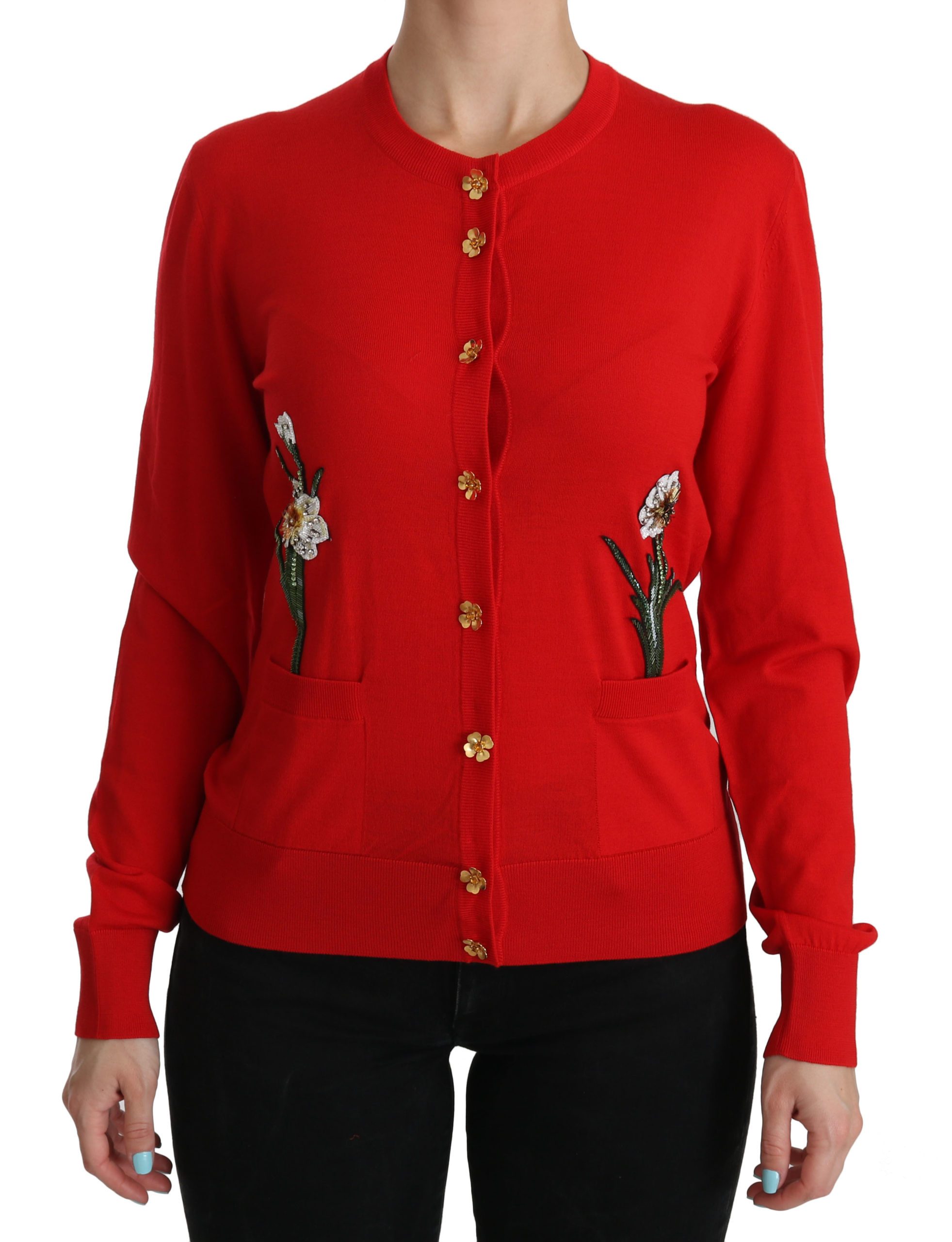 Dolce & Gabbana Women's Wool Crystal Floral Cardigan Red TSH3854 - IT40|S