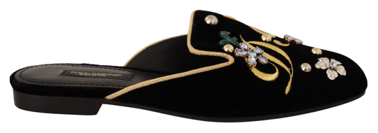 Black Velvet DG Embroidery Mule Sandals Shoes - EU35/US4.5
