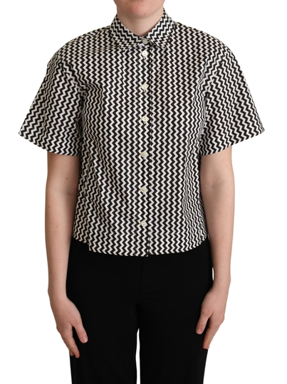 Black White Zigzag Collar Cotton Top Shirt - IT40|S