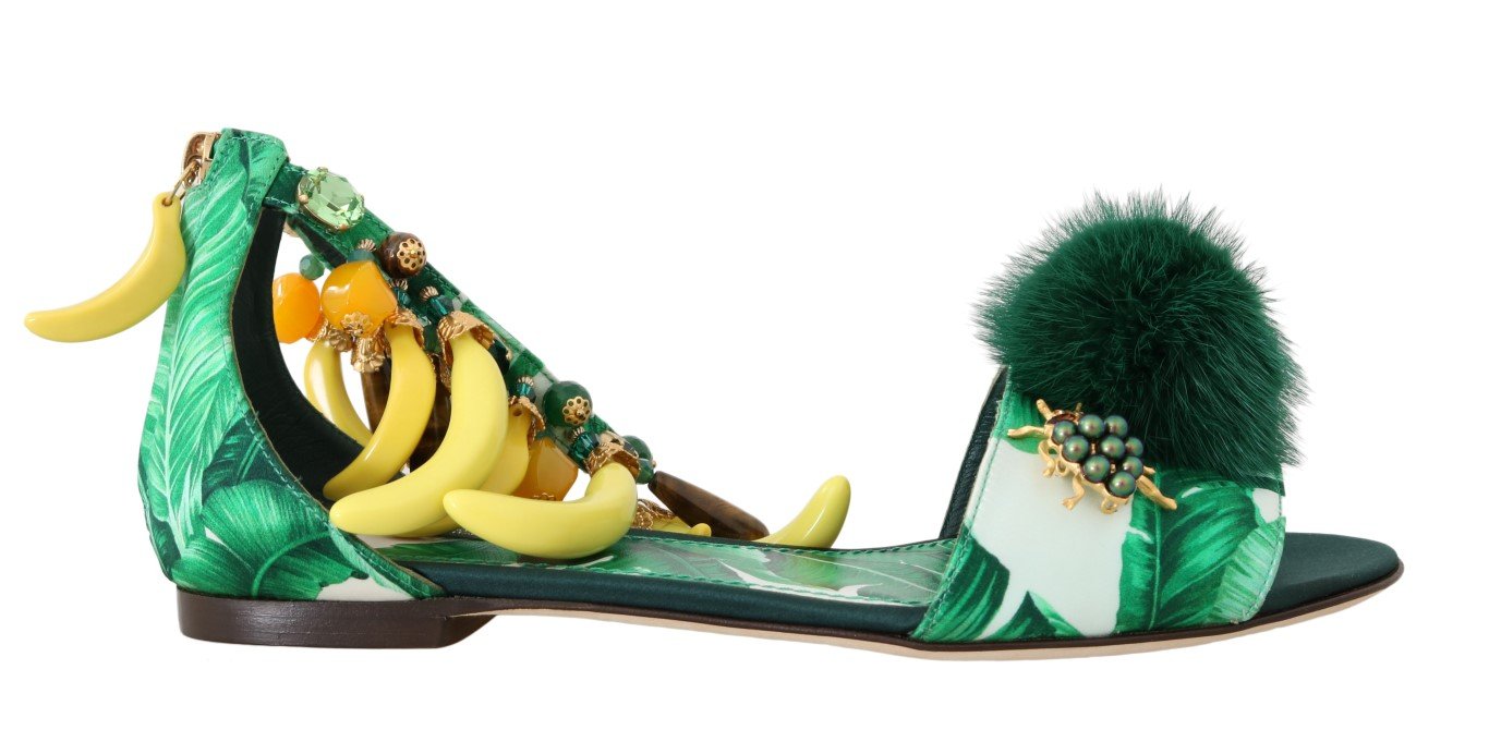 Dolce & Gabbana Women's Banana Leafs Crystal Fur Sandal Multicolor LA4278 - EU35.5/US5