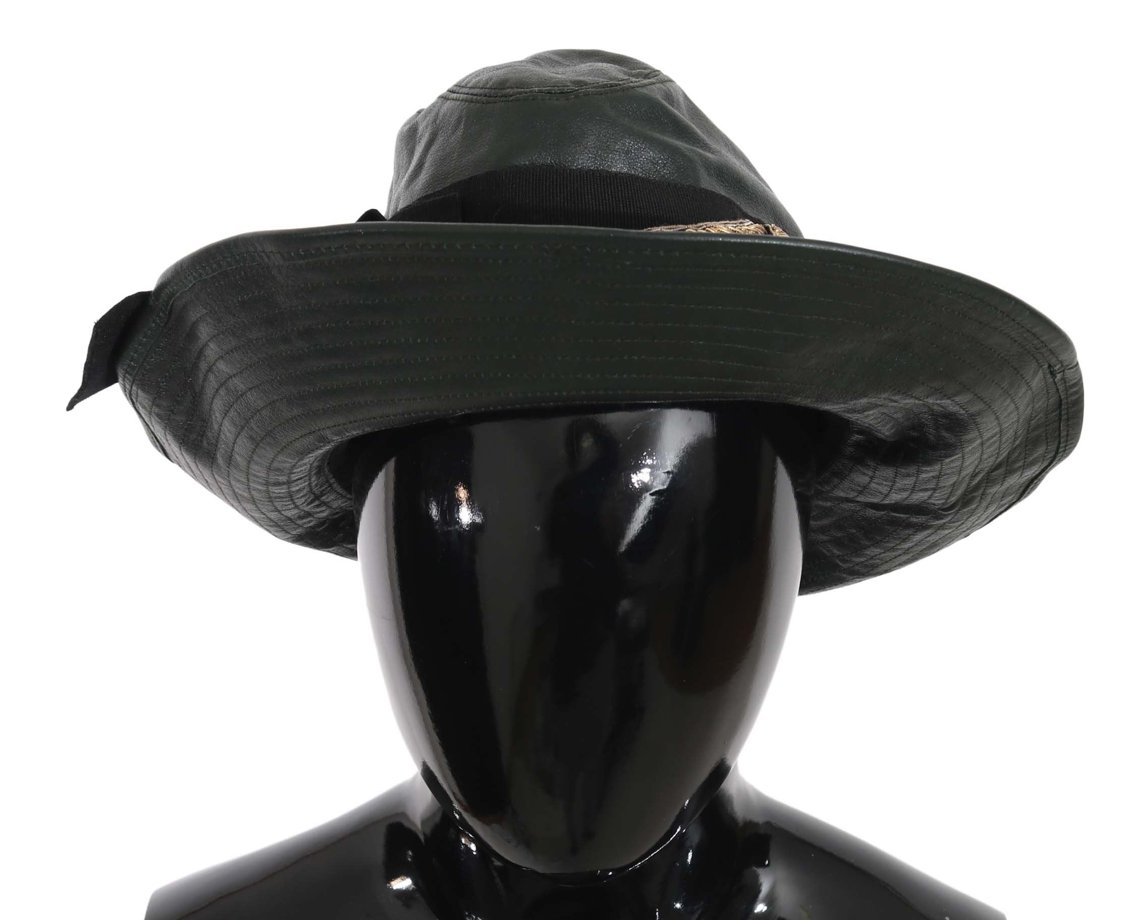 Dolce & Gabbana Women's Leather Wide Brim Gold Crystal Hat Green HAT70116