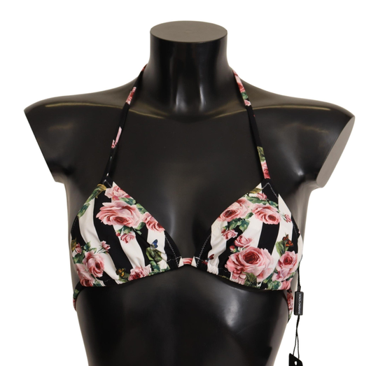Black White Striped Floral Print Swimwear Bikini - IT1 | XS