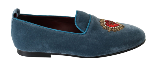 Blue Velvet Flats Heart Loafers Shoes - EU40/US7