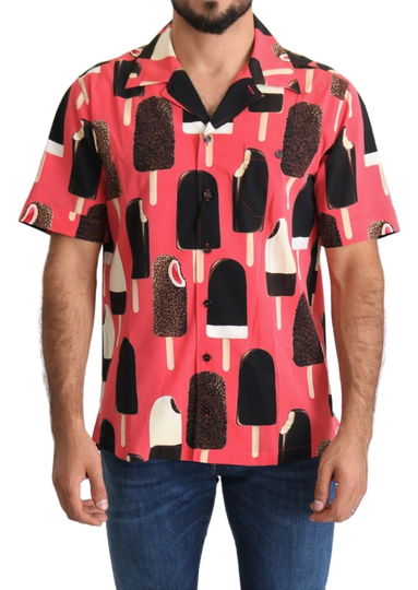 Pink Ice Cream Print Mens Casual Silk Shirt - IT38 | XS