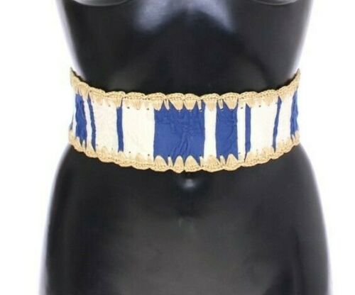 Blue Striped Waist Wide Raffia Belt - 65 cm / 26 Inches