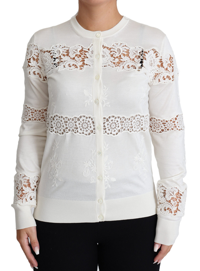 White Floral Lace Knitwear Cardigan Sweater - IT44|L