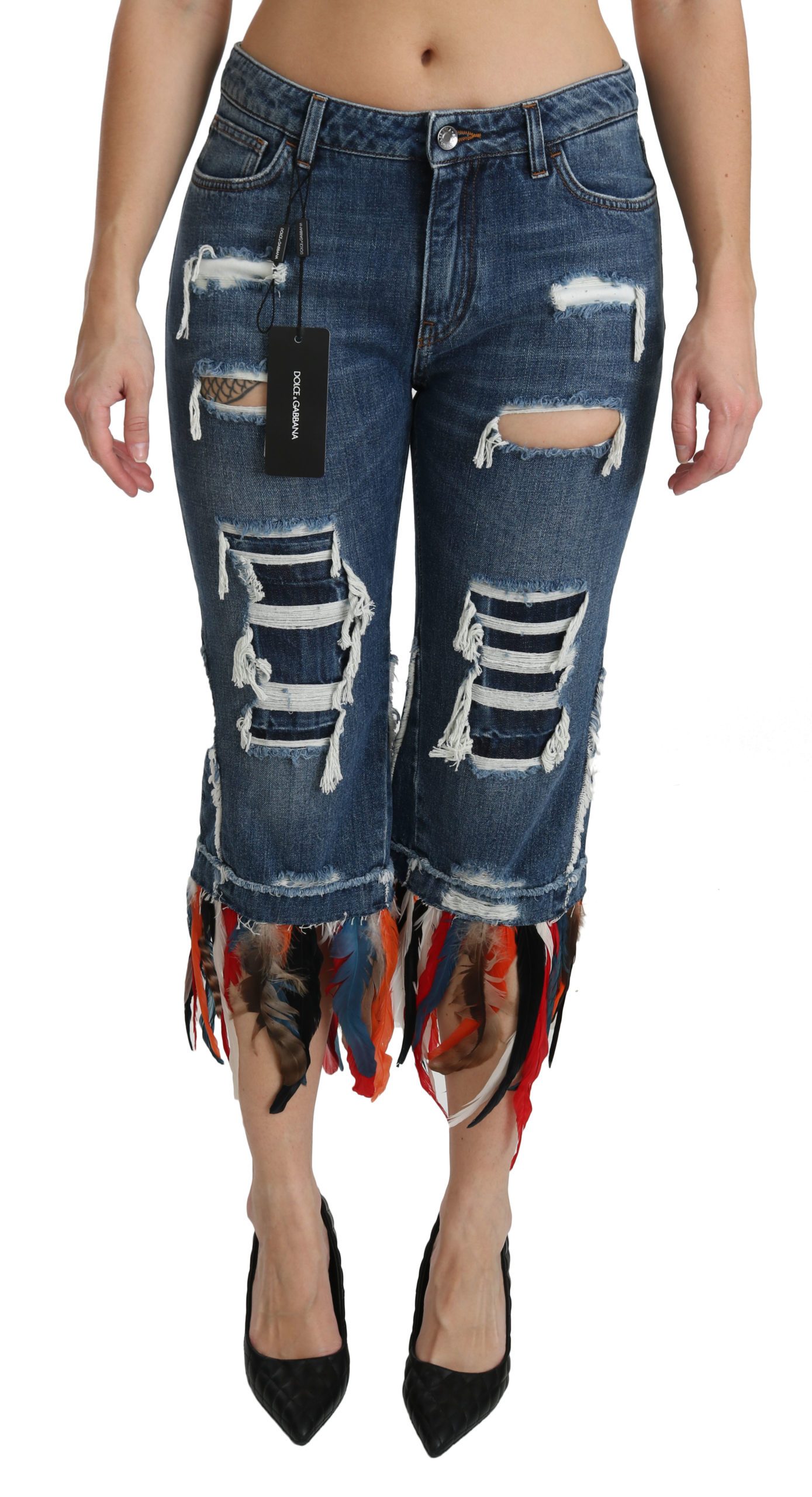 Dolce & Gabbana Women's Feathers Low Waist Cropped Cotton Jeans Blue PAN70867 - IT36 | XS