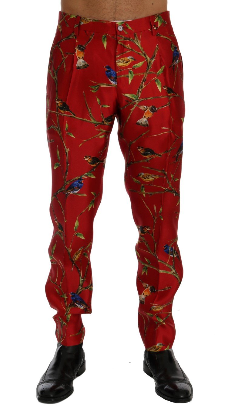 Dolce & Gabbana Men's Silk Bird Print Dress Trouser Red SIG60444 - IT44 | XS