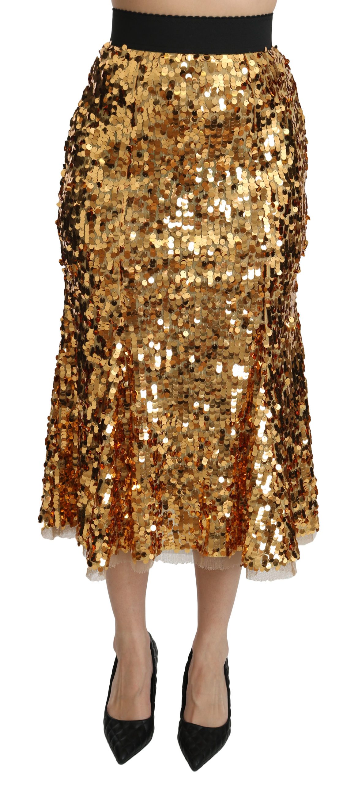 Dolce & Gabbana Women's Sequined Shiny High Waist Midi Skirt Gold SKI1370 - IT40|S
