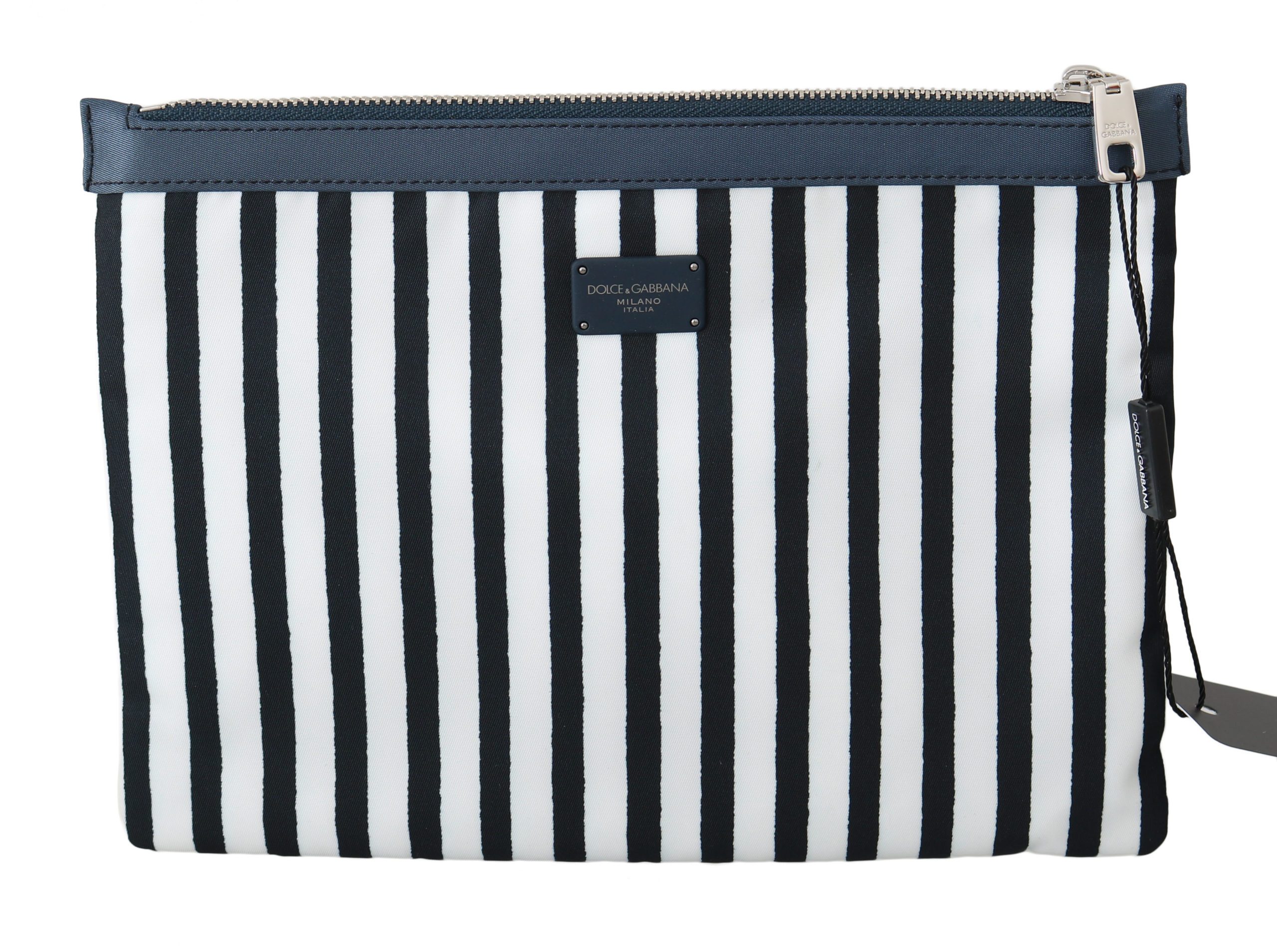 Dolce & Gabbana Men's Striped Zipper Messenger Bag Blue and White VA8651