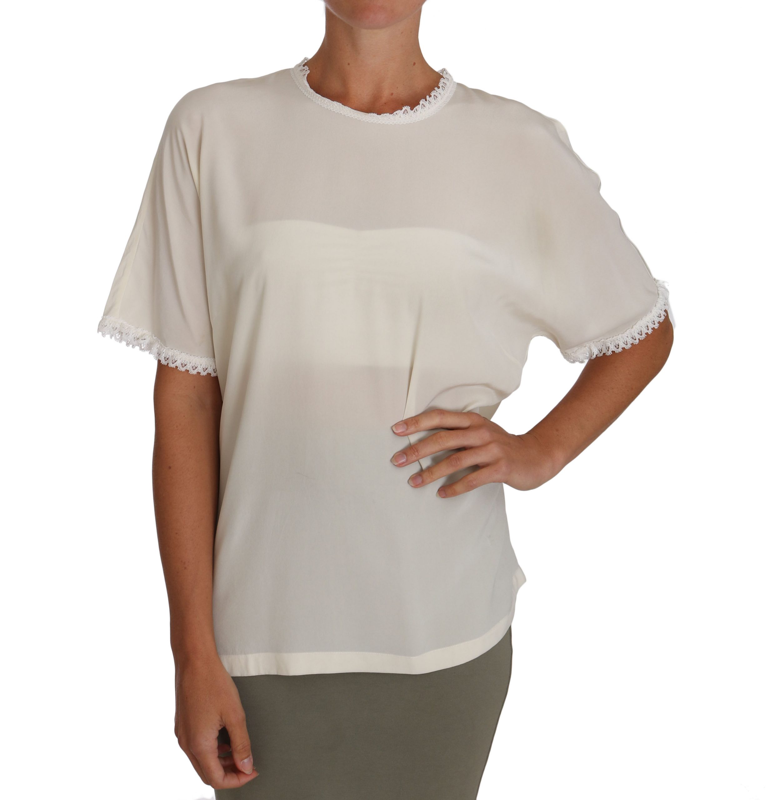 Dolce & Gabbana Women's Silk Lace Detailed Tops White TSH2687 - IT44|L
