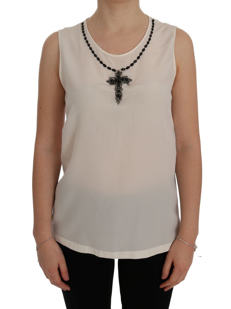 Dolce & Gabbana Women's Silk Crystal Cross Top White SIG50497 - IT44|L