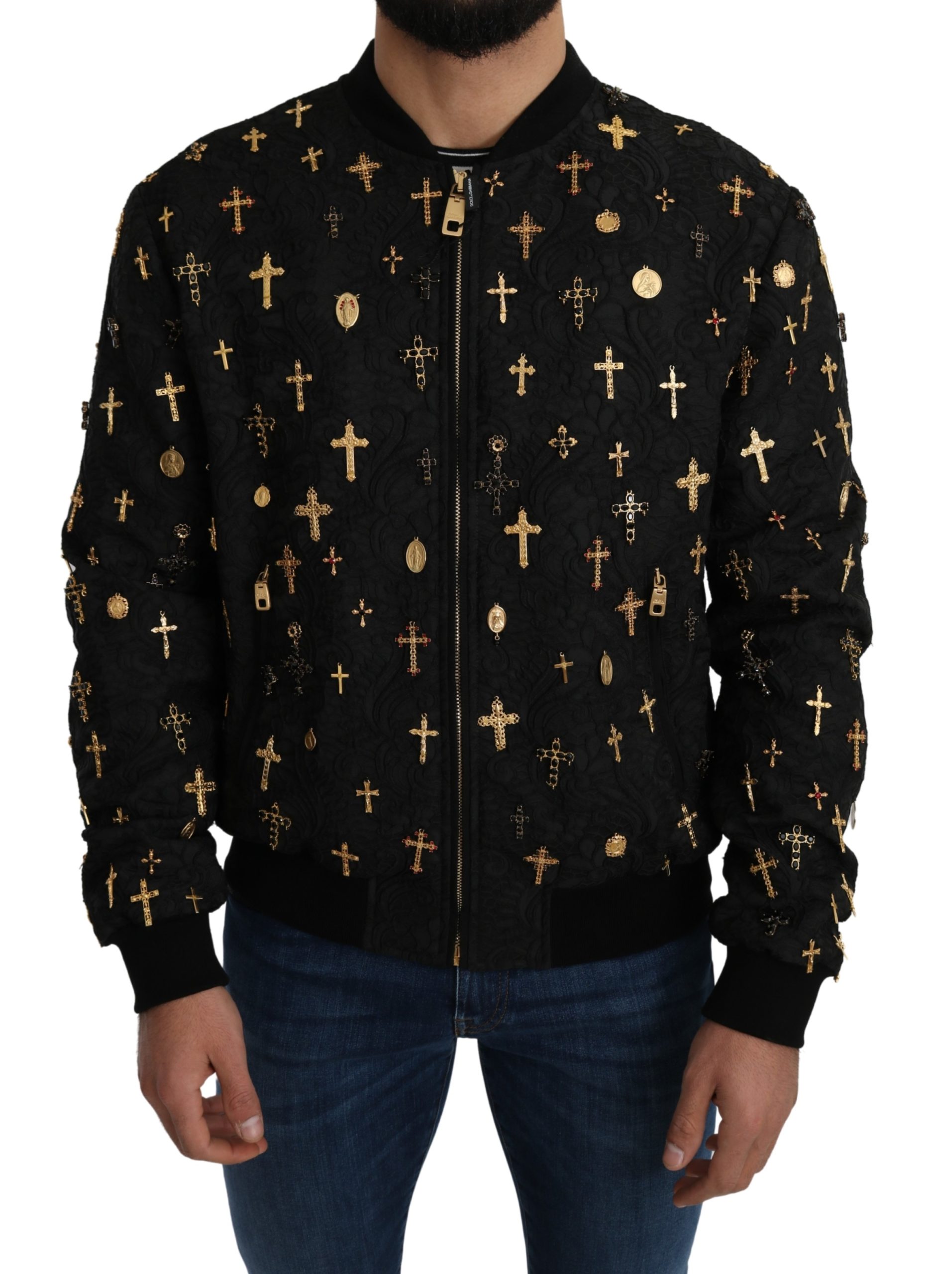 Dolce & Gabbana Men's Jacquard Cross Charms Bomber Jacket Black JKT2661 - IT54 | XL