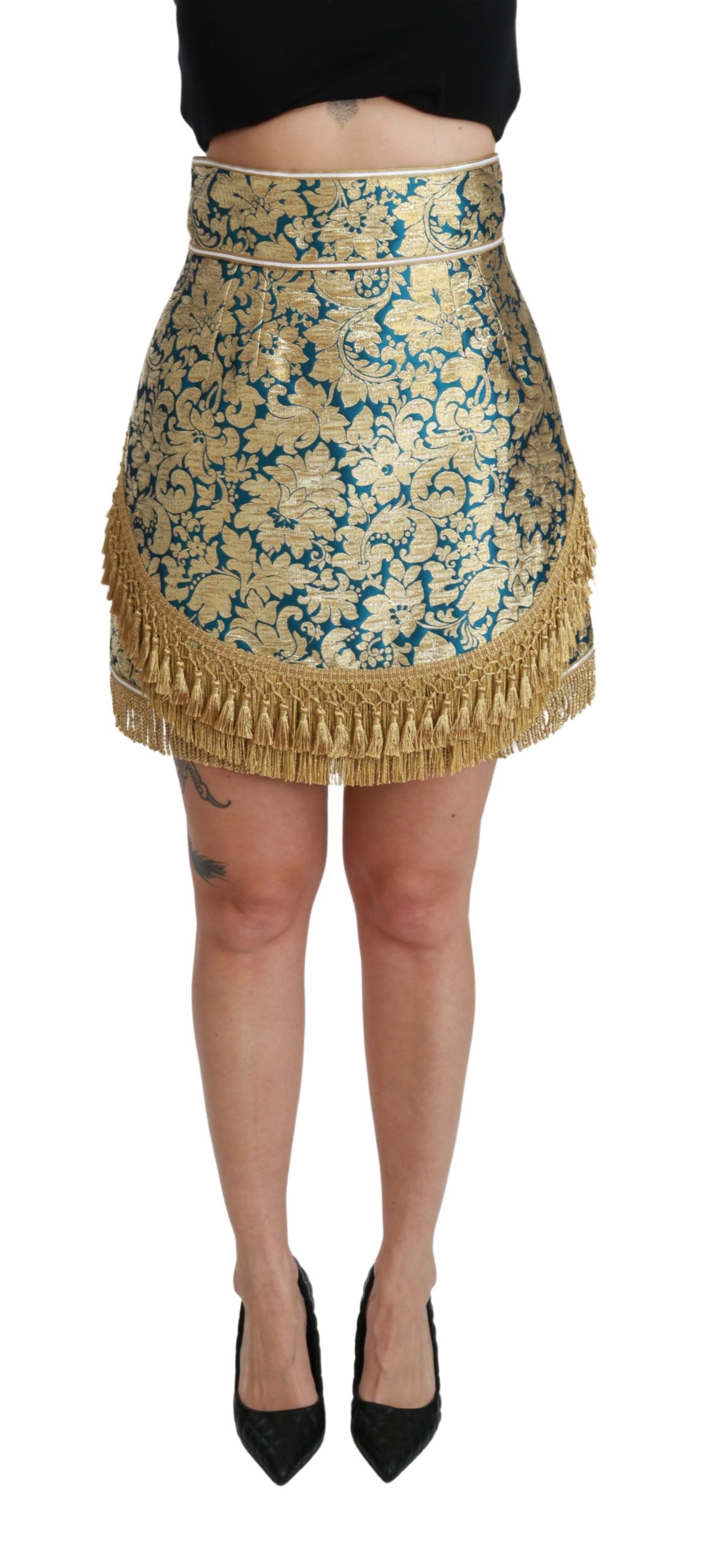 Dolce & Gabbana Women's High Waist Jacquard Tassel Skirt Gold SKI1425 - IT38|XS