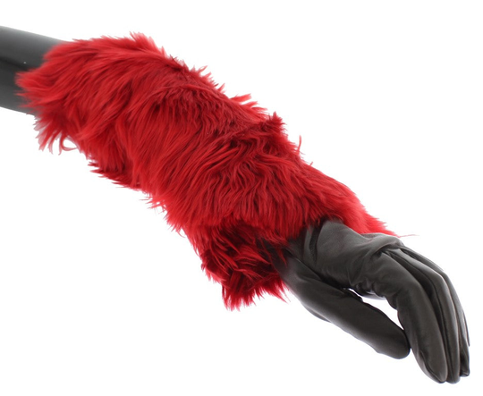Brown Leather Red Fur Elbow Gloves - 7.5|S