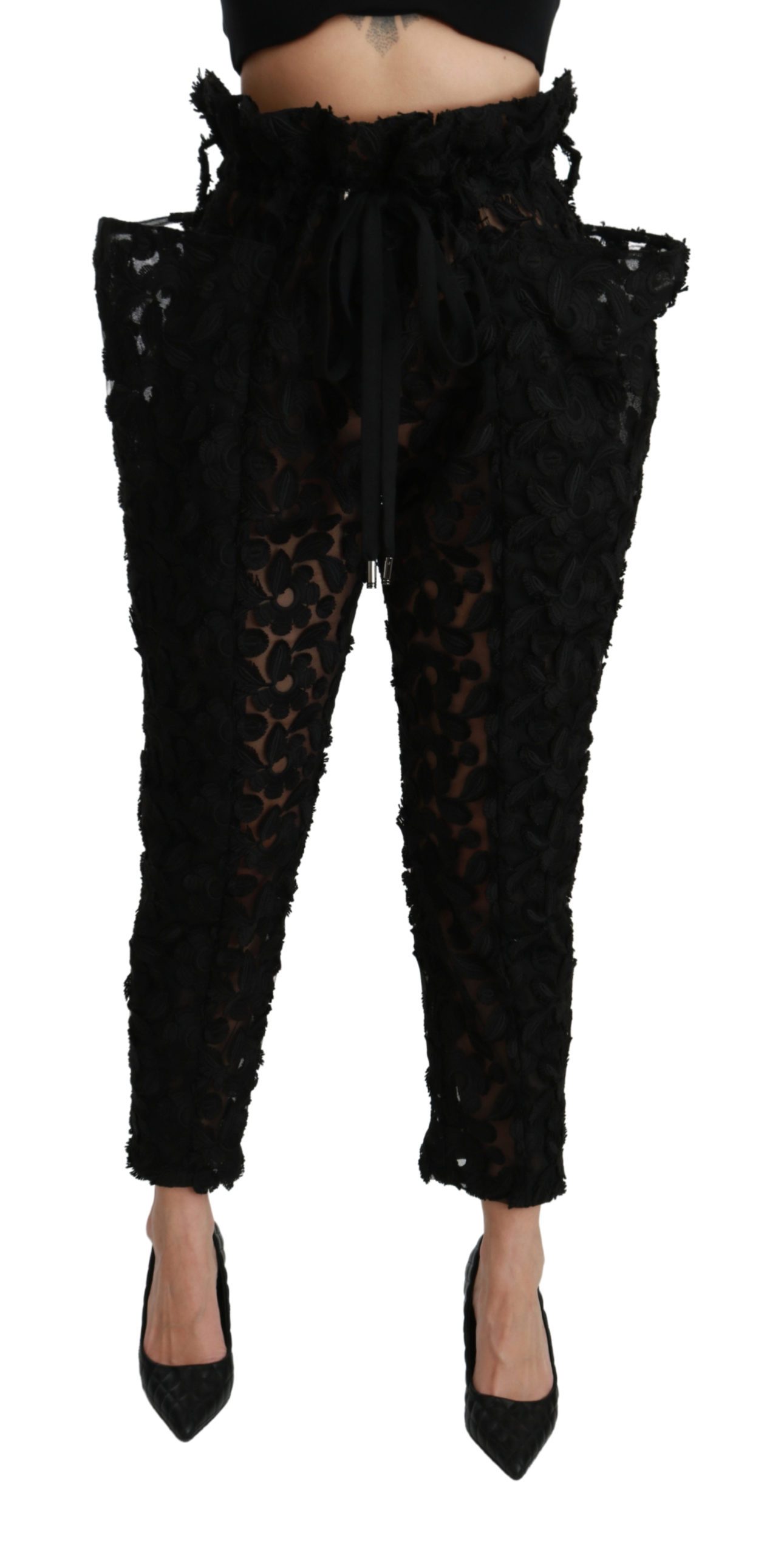 Dolce & Gabbana Women's Floral Lace Tapered High Waist Trouser Black PAN70946 - IT40|S