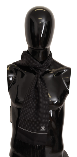Black Dotted Print Silk Shawl Fringe Scarf