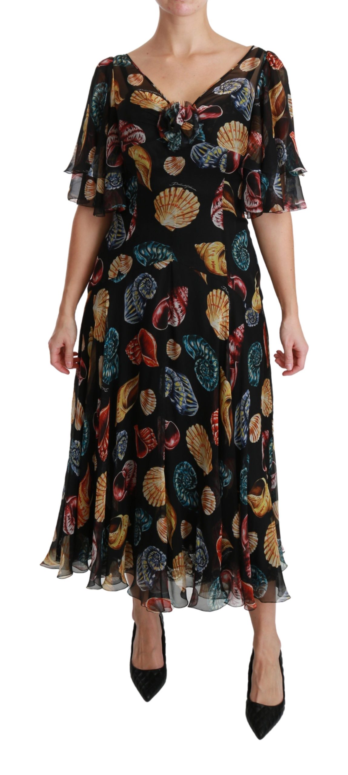 Dolce & Gabbana Women's Sea Shells Maxi A-line Midi Silk Dress Black DR2536 - IT40|S