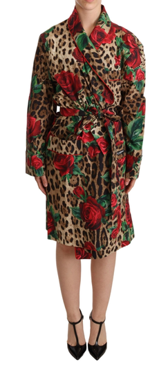 Brown Leopard Red Roses Cotton Robe Wrap Dress - IT40|S