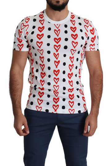 White Hearts Print Cotton Men Top T-shirt - IT44 | XS