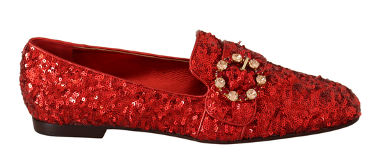 Red Sequin Crystal Flat Women Loafers Shoes - EU38/US7.5