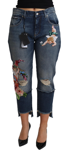 Blue Floral Embroidery Cropped Cotton Jeans - IT36 | XS
