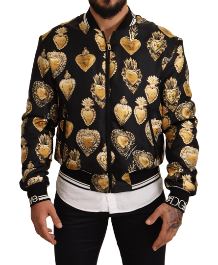 Black Silk Sacred Heart Bomber Coat Jacket - IT52 | XL