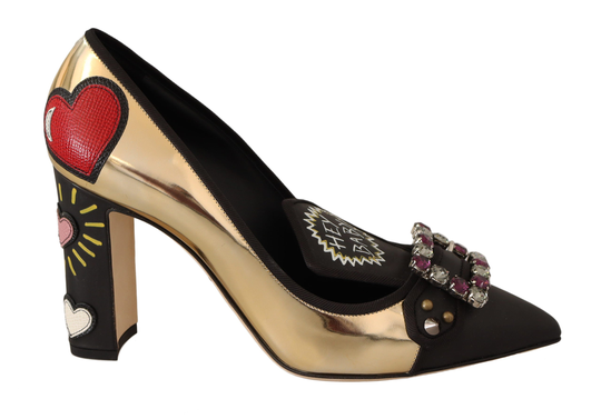 Gold Black Leather Crystal Heart Pumps - EU40.5/US10
