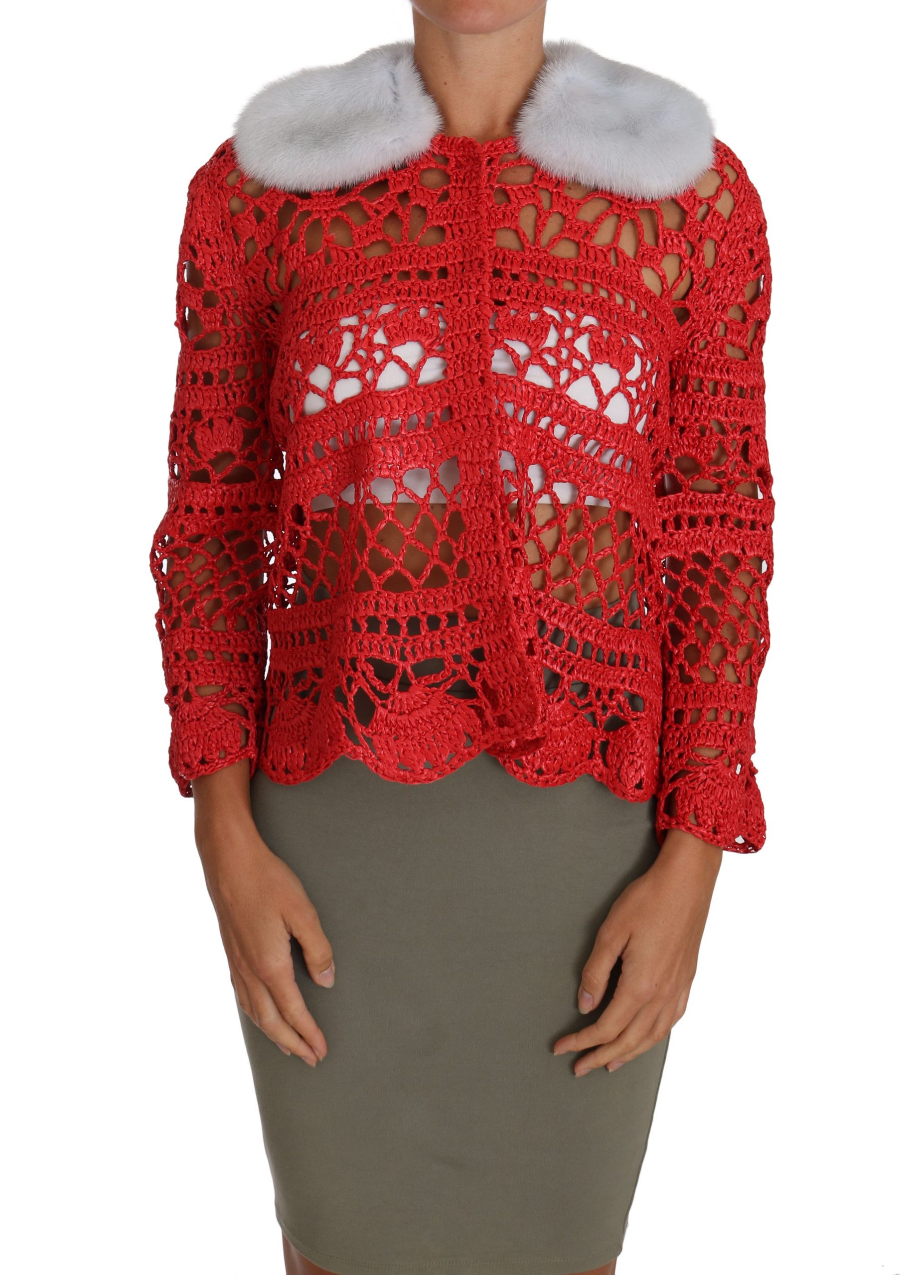 Dolce & Gabbana Women's Crochet Knit Raffia Cardigan Red TSH2723 - IT42|M